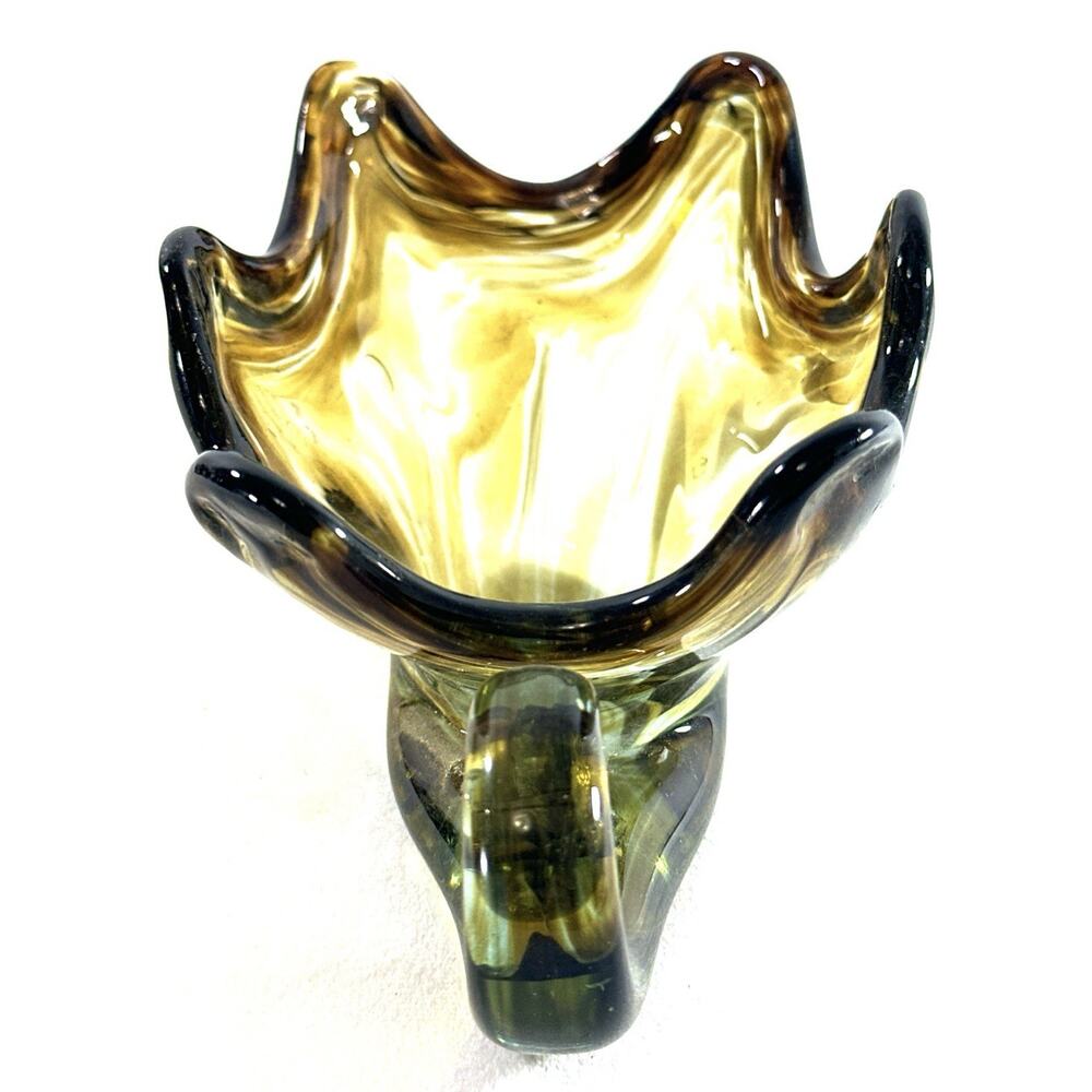 Sooner Art Glass Bowl Hand Blown Amber Swirl with Spiral Handle 7” Long - Picture 4 of 8